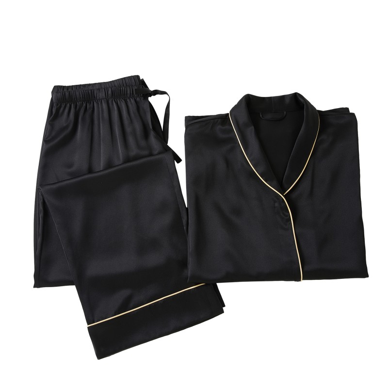 Black Daffodils Pure Silk Long Sleeve Pyjama Set For Men Medium Soft Strokes Silk
