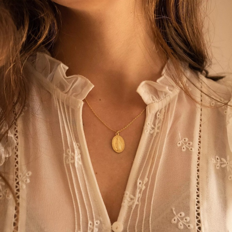 Dainty Gold Virgin Mary Miraculous Medal Choker Necklace Elk