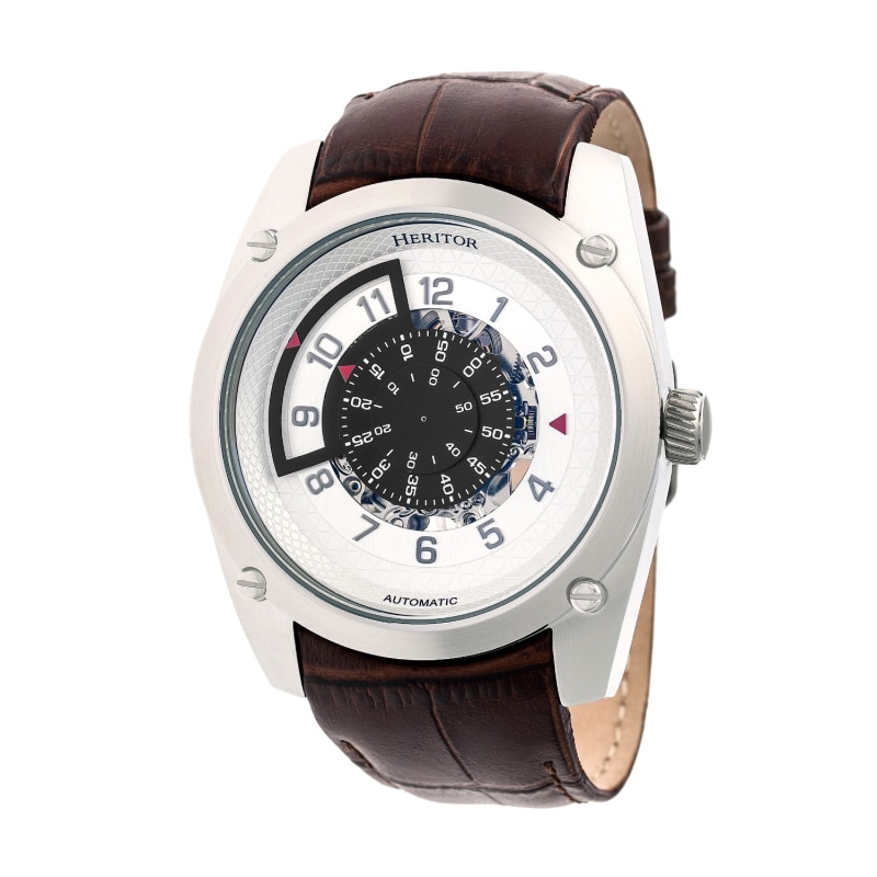 Daniels Semi Skeleton Leather Band Watch Brown Silver by Heritor Automatic