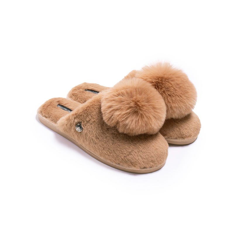 Etta Pom Mule Slippers In Camel Pretty You Wolf Badger