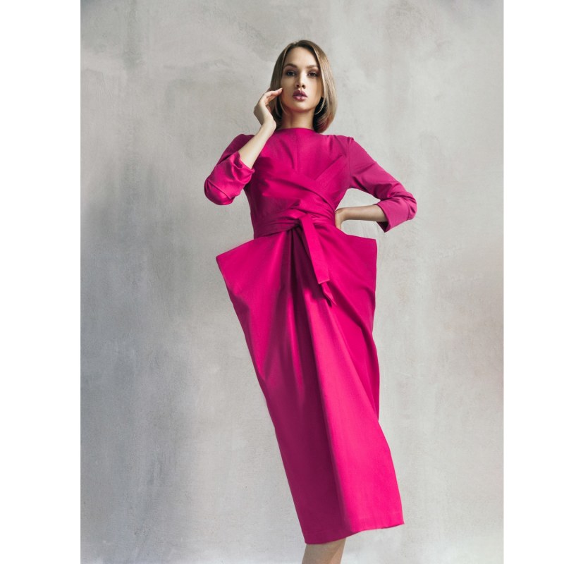 Thumbnail of Pink Designer Midi Dress With Belt image