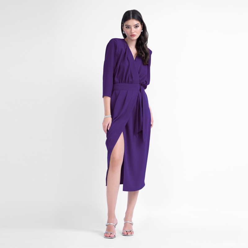 Deep Purple Midi Dress With Draping Detailing And Waist Belt | BLUZAT ...