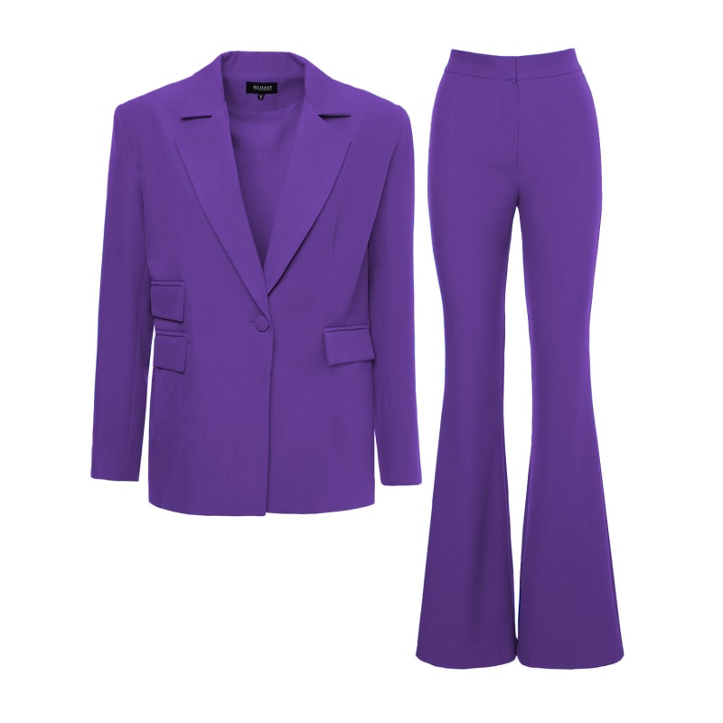 Deep Purple Suit With Regular Blazer With Double Pocket And Flared Trousers by BLUZAT