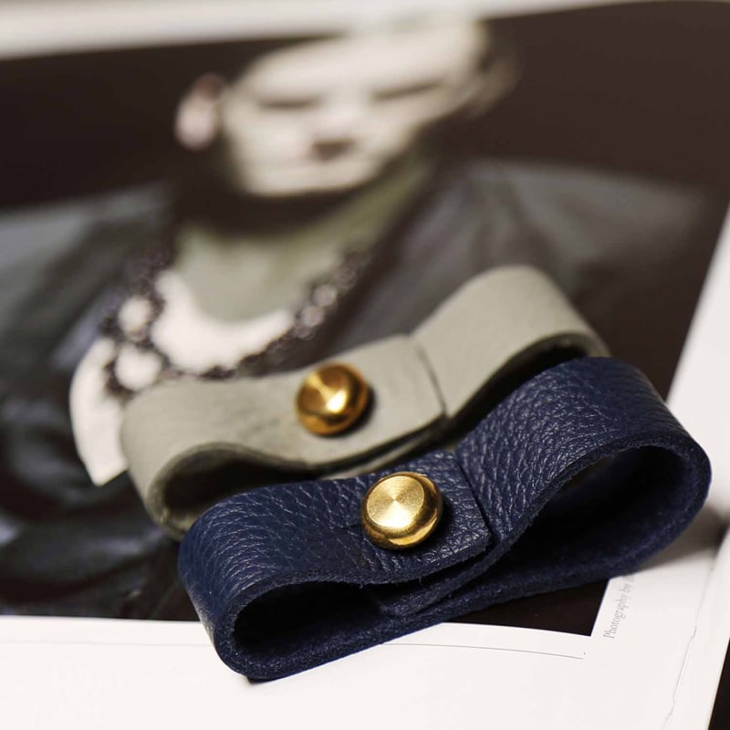 Thumbnail of Mens Blue Leather Bracelet With Large Brass Button image