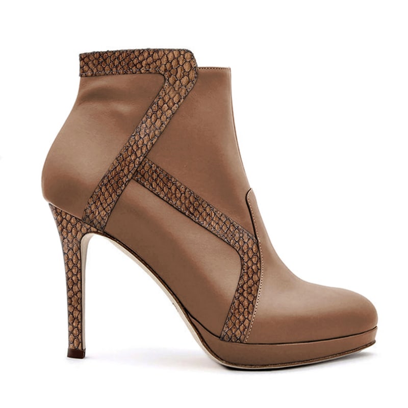 Deia Nappa Python Leather High Heel Bootie Brown Mocha Elizee Wolf Badger