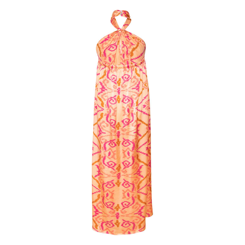 Thumbnail of Delightful Sarong Style Halter Neck Dress - Silk - Ikat Mango image