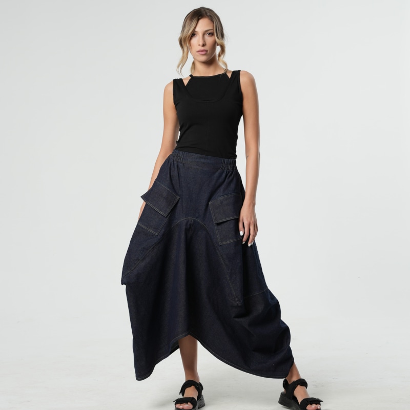 Denim Asymmetrical Skirt In Dark Blue Metamorphoza Wolf & Badger