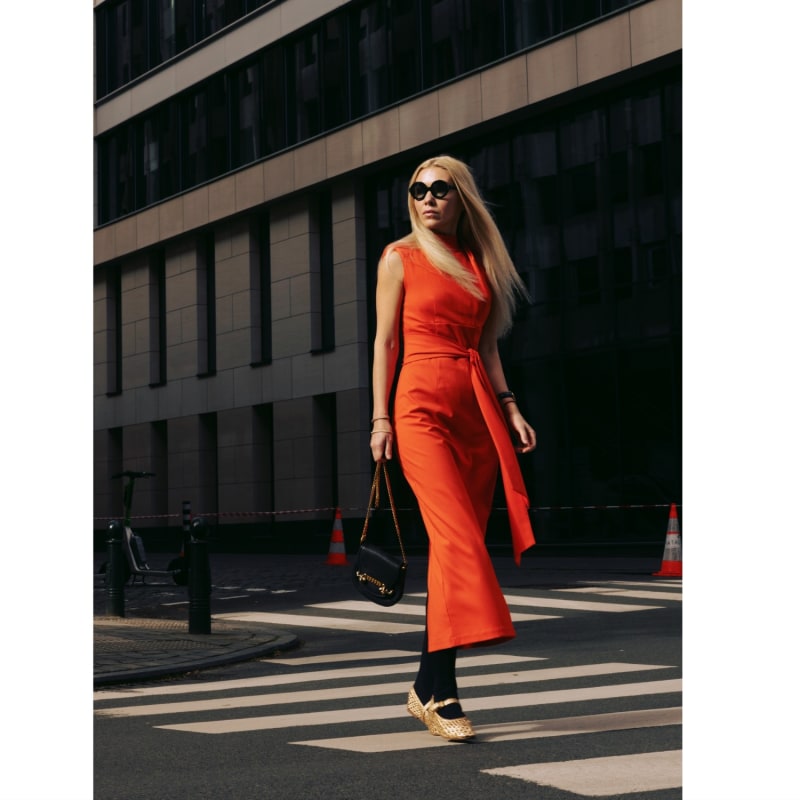 Thumbnail of Designer Long Dress With Mock Neck Solid Orange image