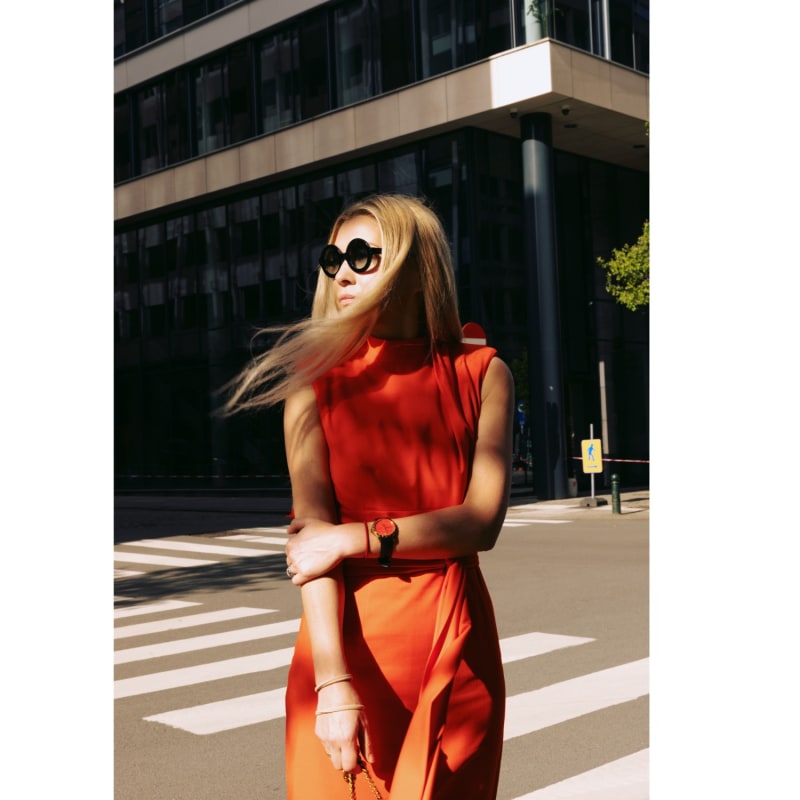 Thumbnail of Designer Long Dress With Mock Neck Solid Orange image