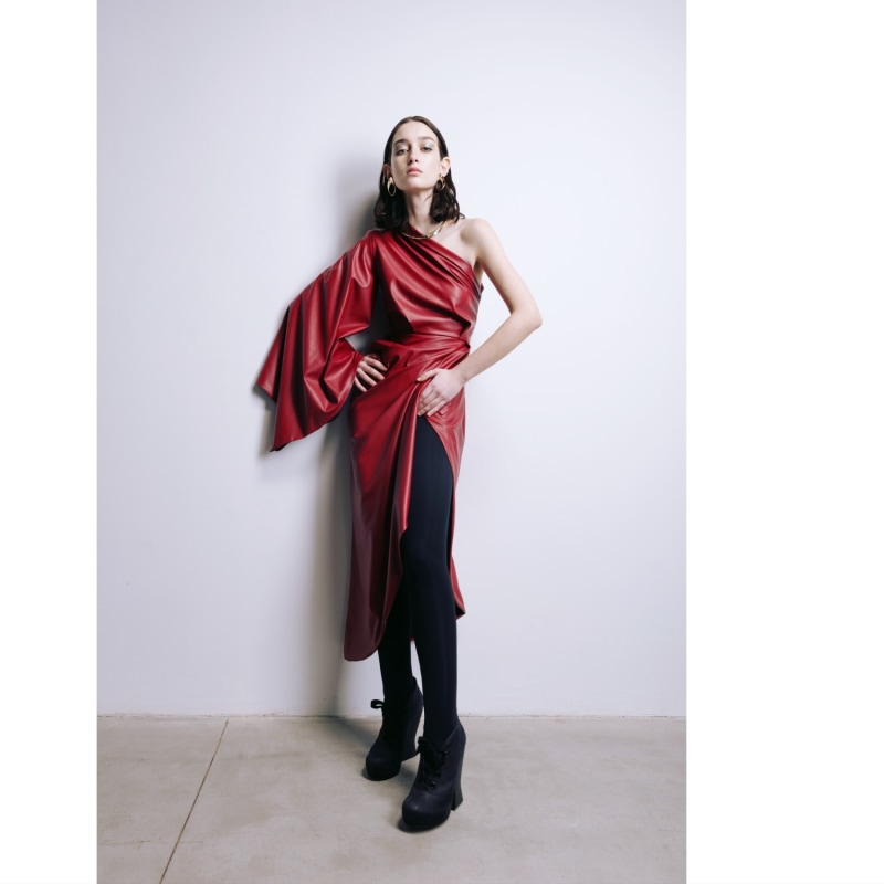 Designer Soft Faux Leather Midi Dress Red | Julia Allert | Wolf & Badger