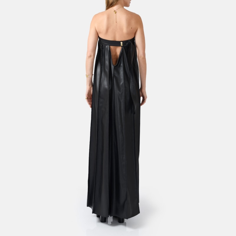 Desire Black Strapless Pleated Maxi Dress, Vegan Leather Kargede