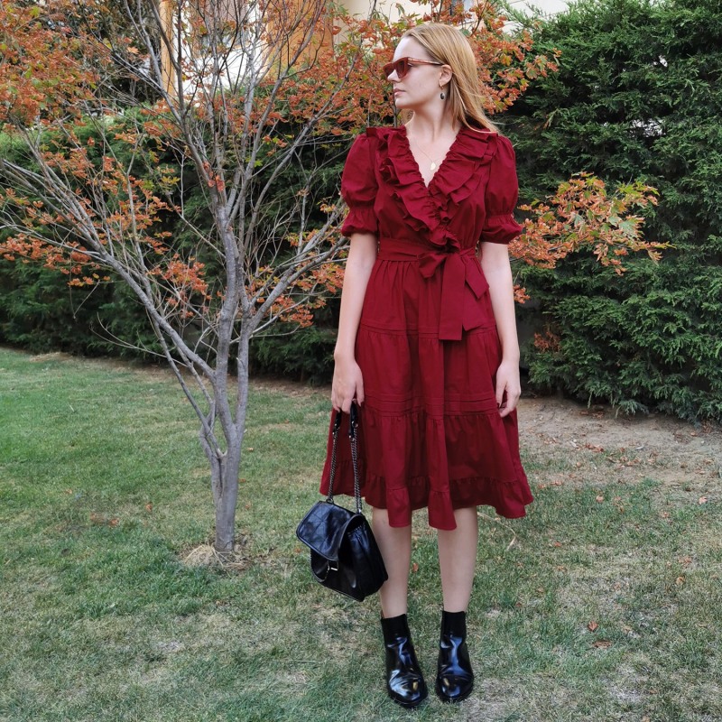 Thumbnail of Dark Cherry Red Double-Breasted V-Neck Cotton Dress With Ruffles image