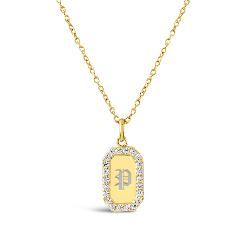 Thumbnail of Mini Tag 18k Gold Vermeil Crystal Necklace - Old English Initial Engraving image