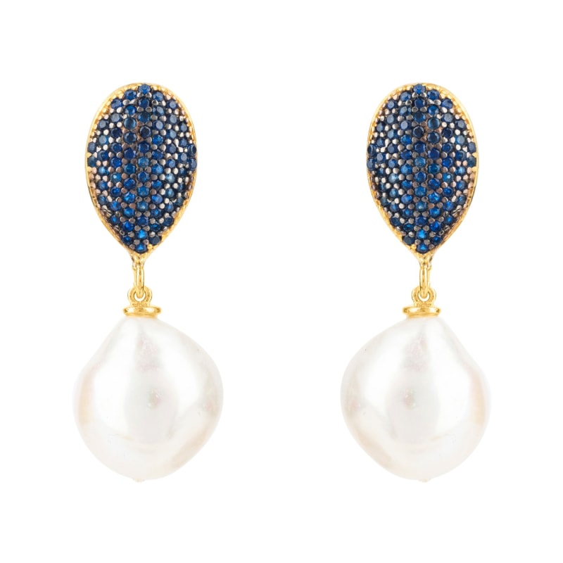 Thumbnail of Baroque Pearl Classic Drop Earrings Gold Sapphire Blue Cz image