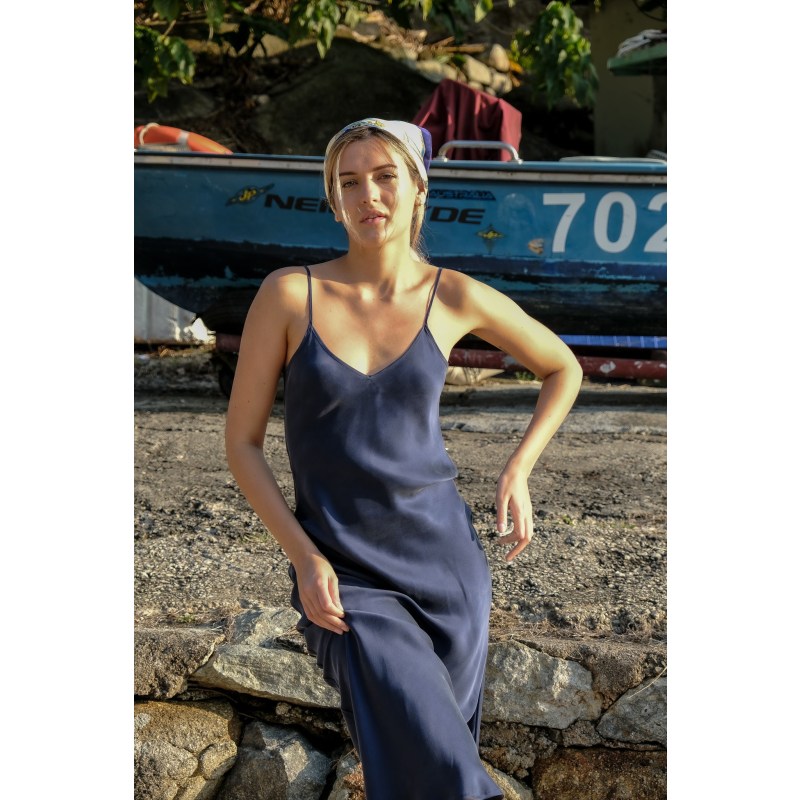 Thumbnail of V Silk Slip Dress Mid Length Twilight Navy Blue image