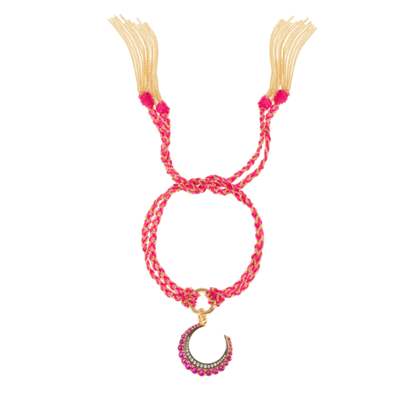 Thumbnail of Fuschia Silk And Gold Chain Crescent Moon Friendship Bracelet image