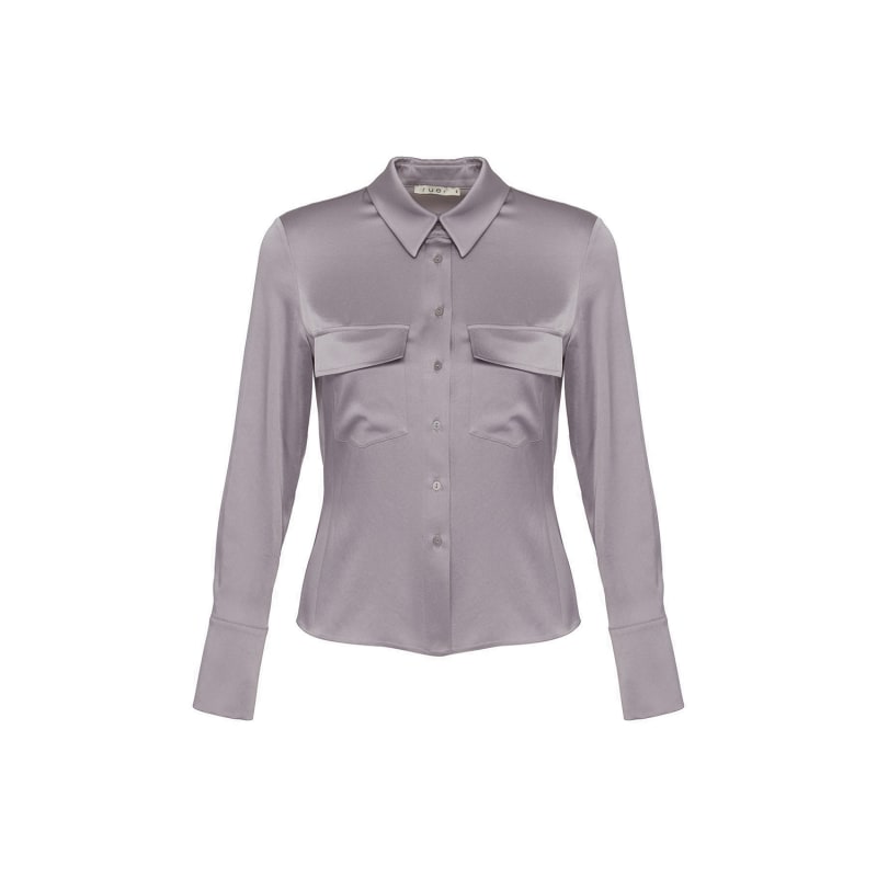 Double Pocket Detailed Satin Grey Shirt by Rue Les Createurs