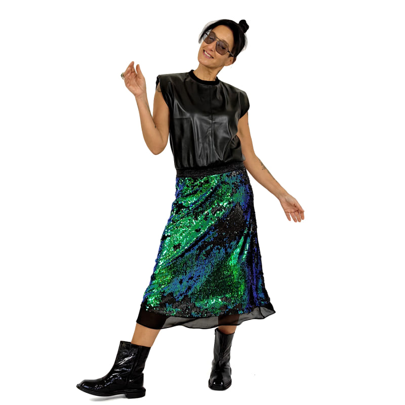 Double Sided Sax Green Sequin Embellished A Line Midi Skirt Lalipop Design Wolf Badger