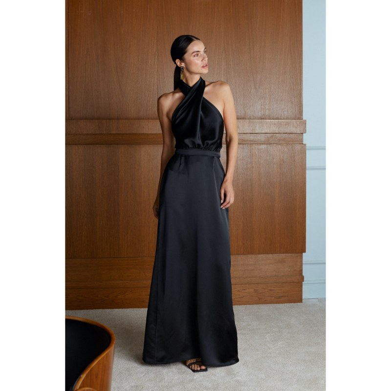 Thumbnail of Aliur Long Black Satin Evening Dress image