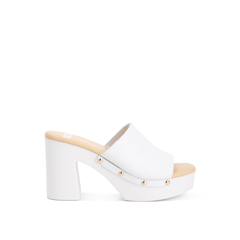Drew Recycled Leather Block Heel Clogs In White Rag Co. Wolf Badger