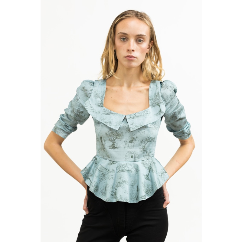 Thumbnail of Mari Peplum Portrait Top In Cottage Blue & Pewter Green Cotton Toile image