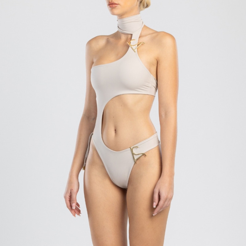 Thumbnail of Dulcesa Cut-Out One-Piece Swimwear With Golden Details In Beige image