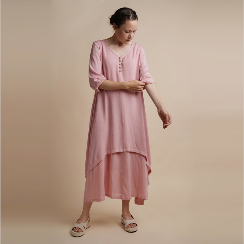 Thumbnail of Dusky Pink Layered Dress Chelsea Loose Fitting Dress With Front Button Detail One Size image