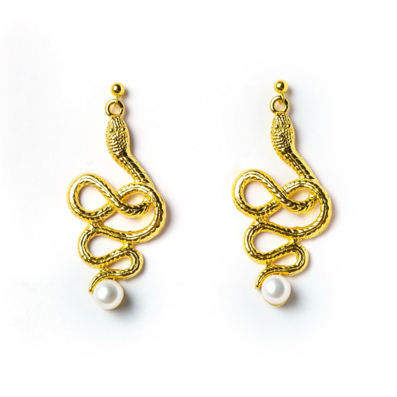 Thumbnail of The Composed Earrings Gold Snake Earring With Freshwater Pearls image