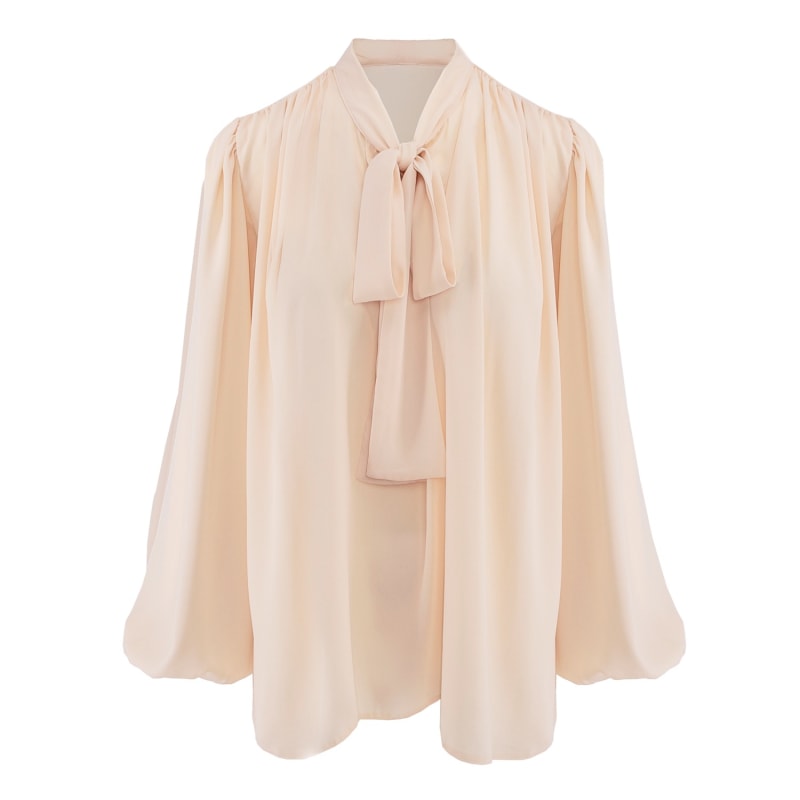 Thumbnail of Nude Chiffon Blouse With Draped Shoulders & Bow Ribbon image