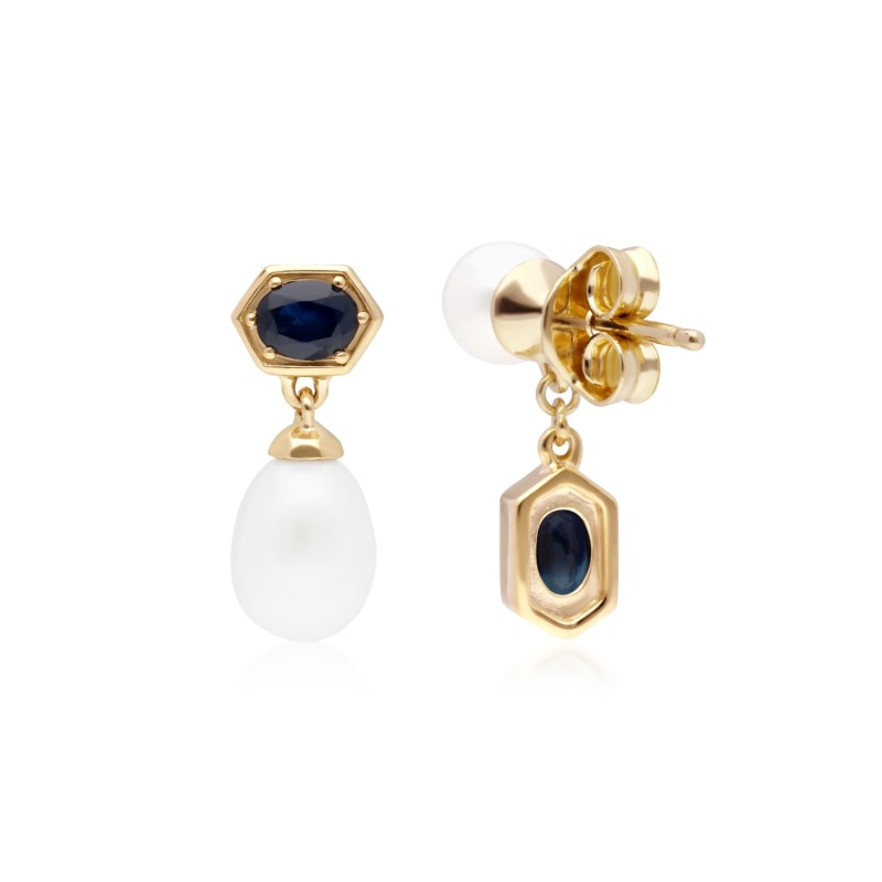 Thumbnail of Modern Pearl & Sapphire Mismatched Drop Earrings In Yellow Gold Plated Sterling Silver image