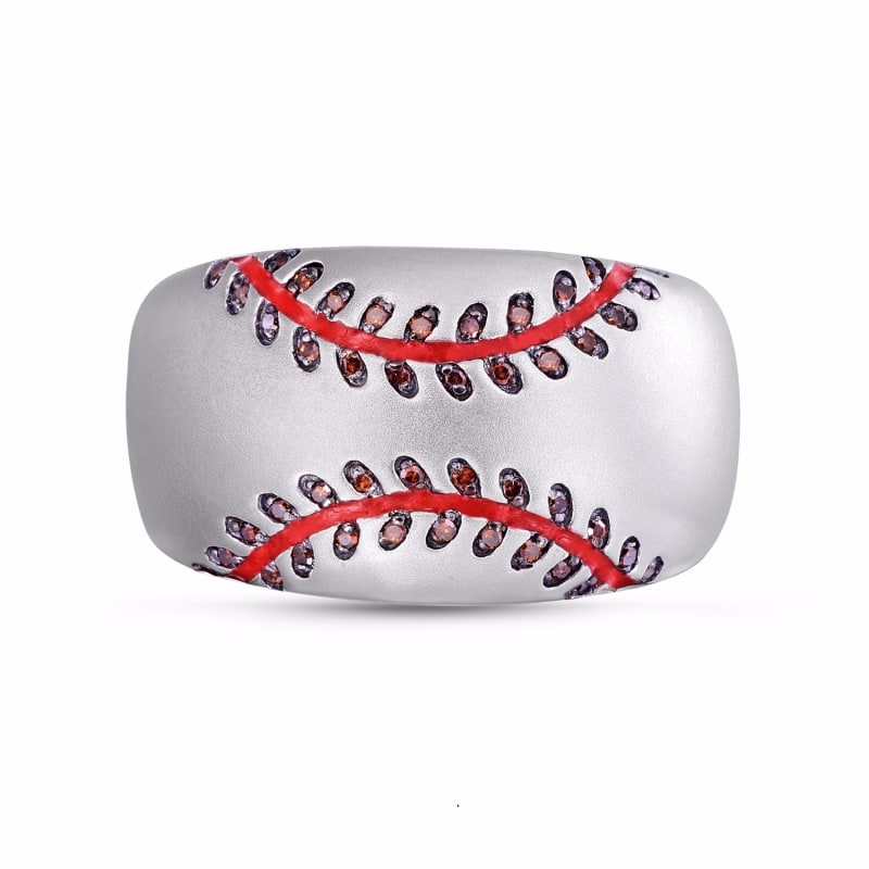 Thumbnail of Home Run Baseball Sterling Silver Red Diamond & Enamel Band Ring image