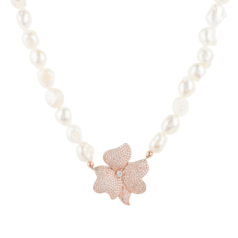 Thumbnail of Flower Pearl Mid Length Necklace White Cz Rosegold image