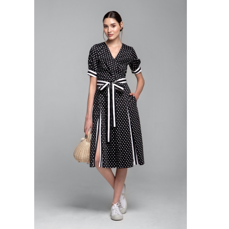 Thumbnail of Jennifer Flared Cotton Dress With Slits In Polka Dots & Stripes image