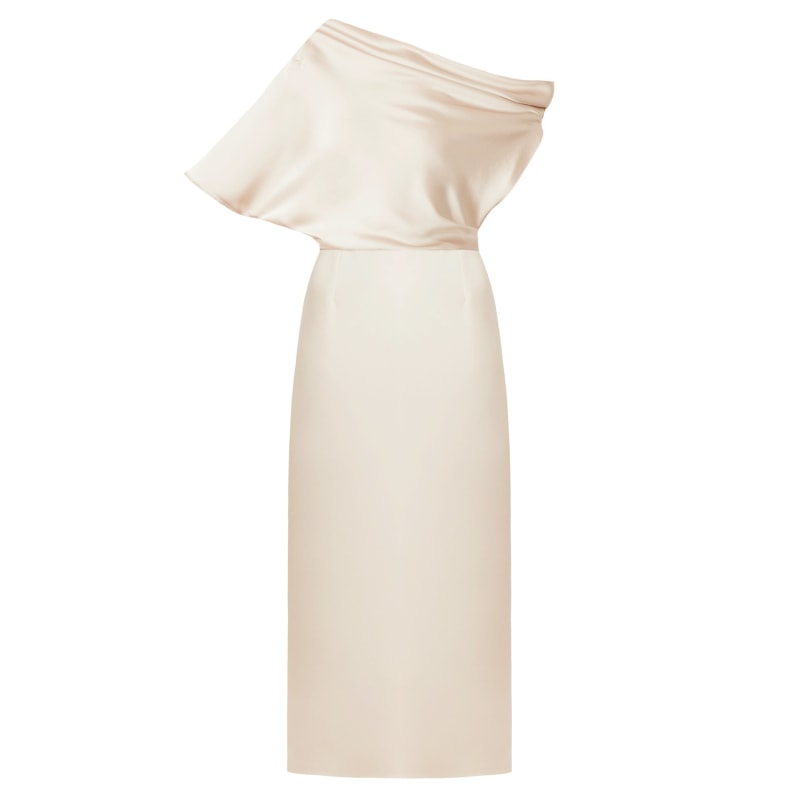 Thumbnail of Ilene Beige Satin Asymmetric Open Shoulder Midi Dress image