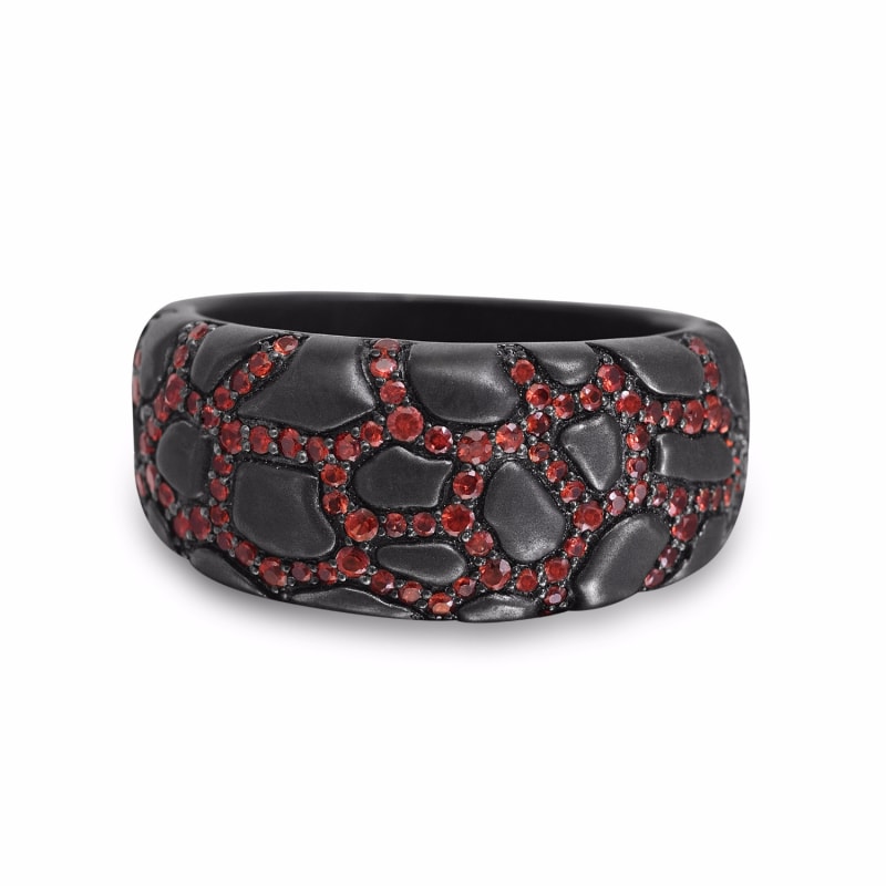 Thumbnail of Fiery Ascent Black Rhodium Plated Sterling Silver Textured Band Ring With Garnets image