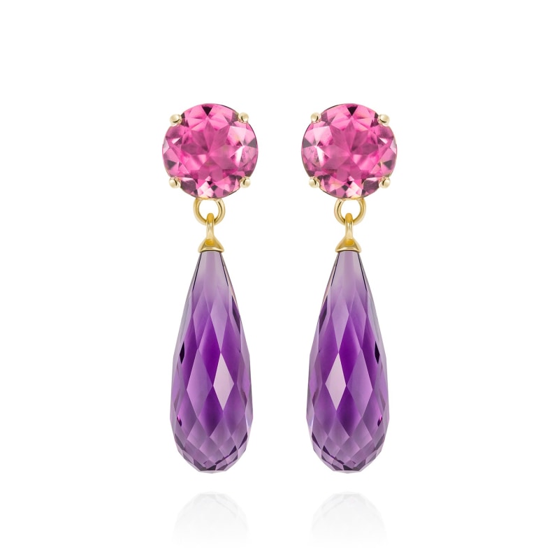 Thumbnail of Purple Amethyst & Pink Tourmaline Gold Drop Earrings image