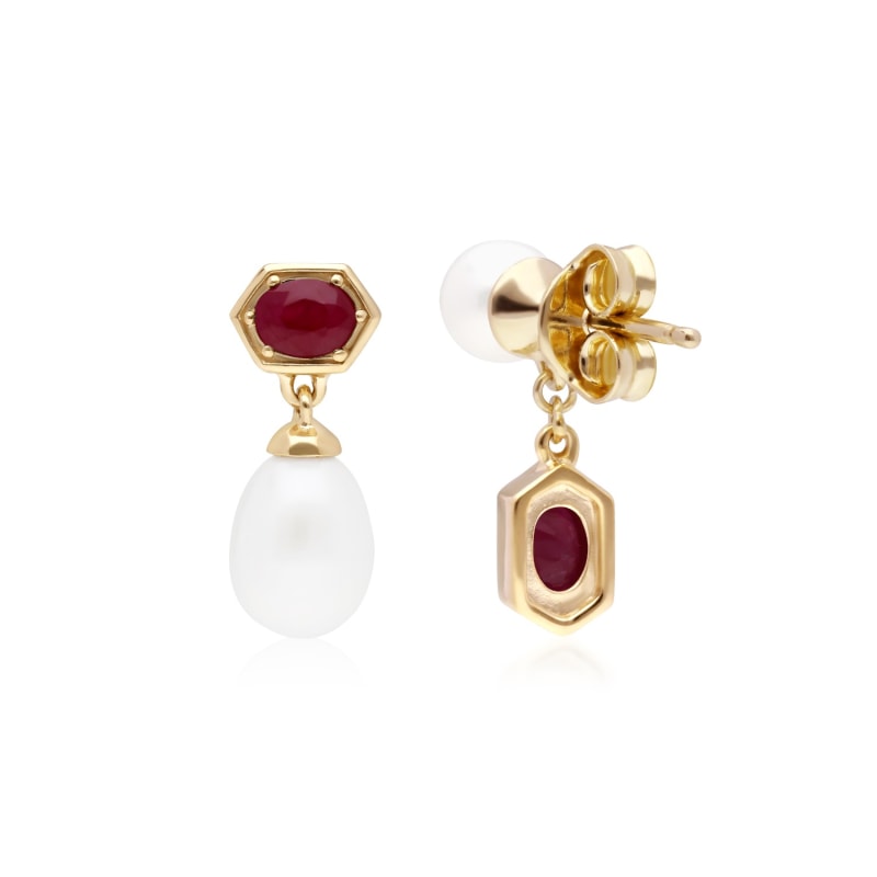 Thumbnail of Modern Pearl & Ruby Mismatched Drop Earrings In Yellow Gold Sterling Silver image