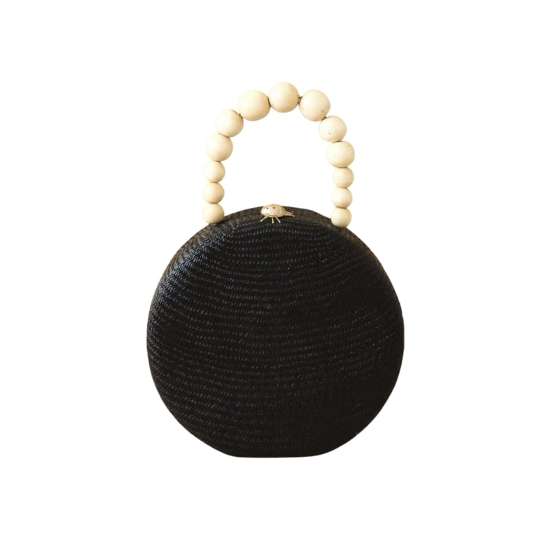 Black Round Classic Handbag with Wood Handle - Straw Bag