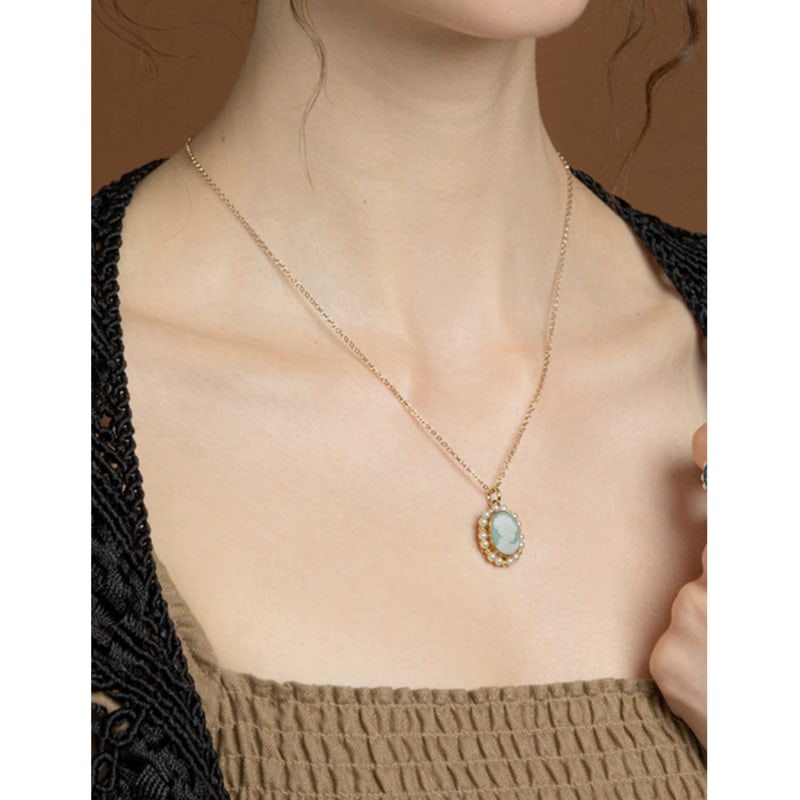 Thumbnail of Little Lovelies Gold-Plated Green Cameo Pearly Necklace image