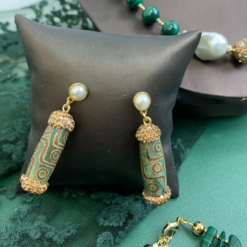 Thumbnail of Tibetan Dzi Beads Dangle Earrings image