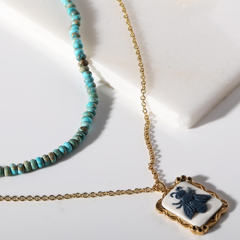 Thumbnail of Bee Cameo & Turquoise Layered Necklace image