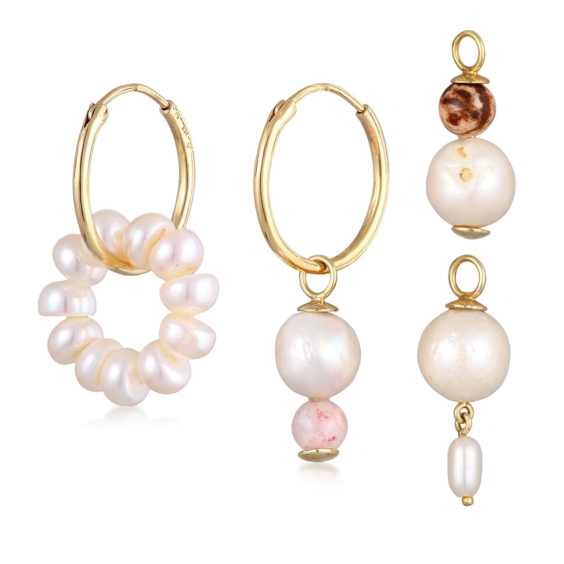 Gold, Cultured Pearl and Charm Hoop Earrings