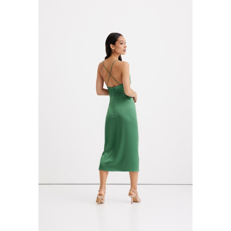 Thumbnail of Selena Green Satin Midi Dress With Straps And Draped Skirt image