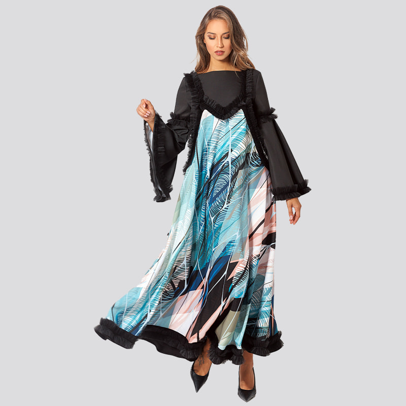 Thumbnail of Flared Maxi Dress, Edged With Tulle, With Tropical Print image