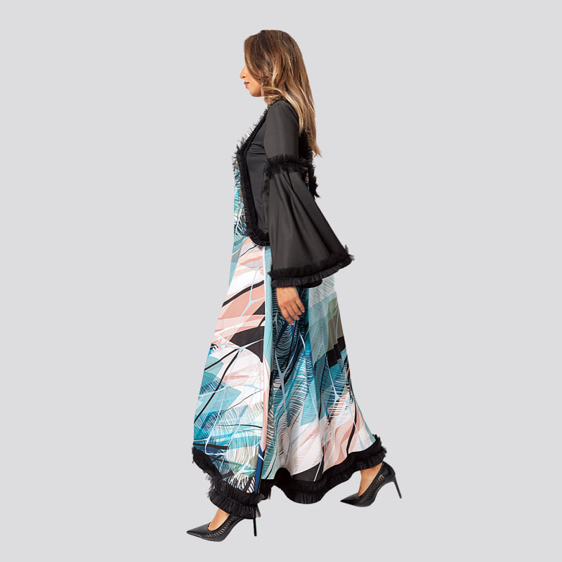 Thumbnail of Flared Maxi Dress, Edged With Tulle, With Tropical Print image