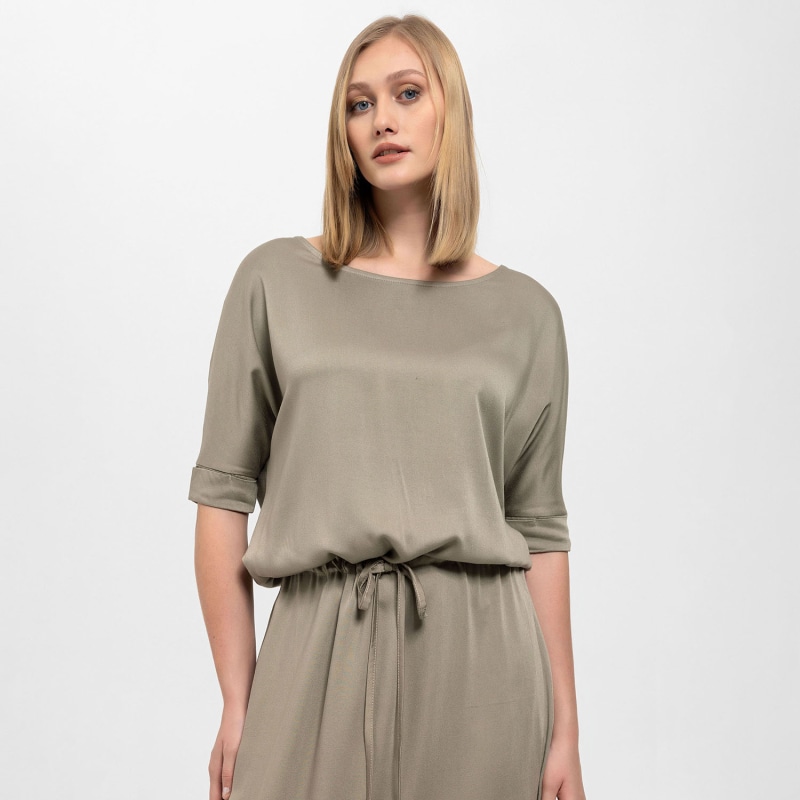 Thumbnail of Gathered Detailing Satin Dress In Khaki image