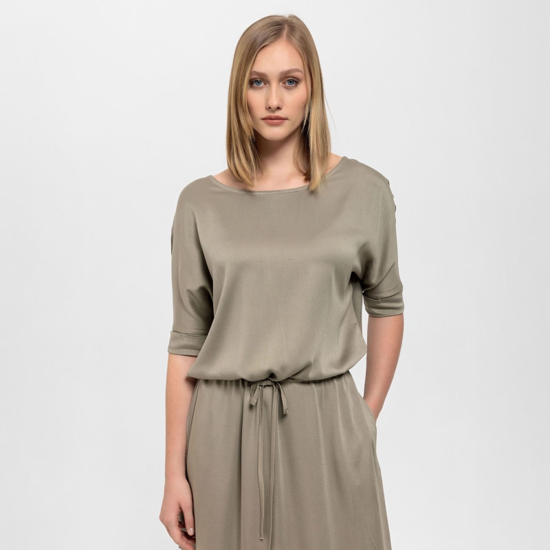 Thumbnail of Gathered Detailing Satin Dress In Khaki image