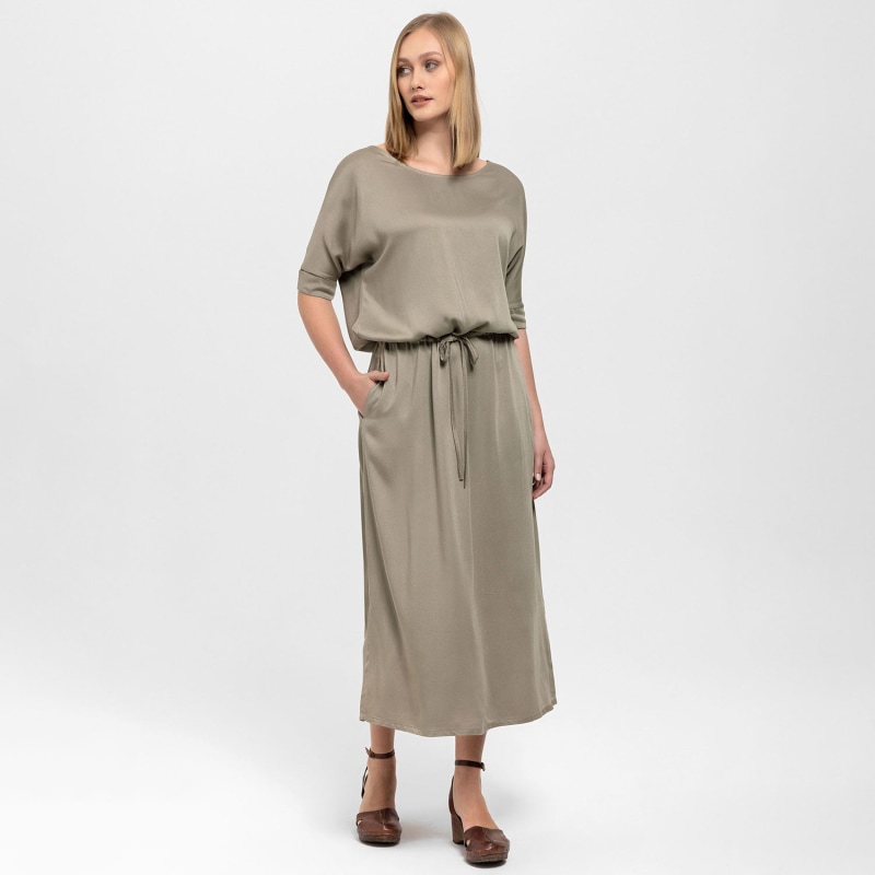 Thumbnail of Gathered Detailing Satin Dress In Khaki image