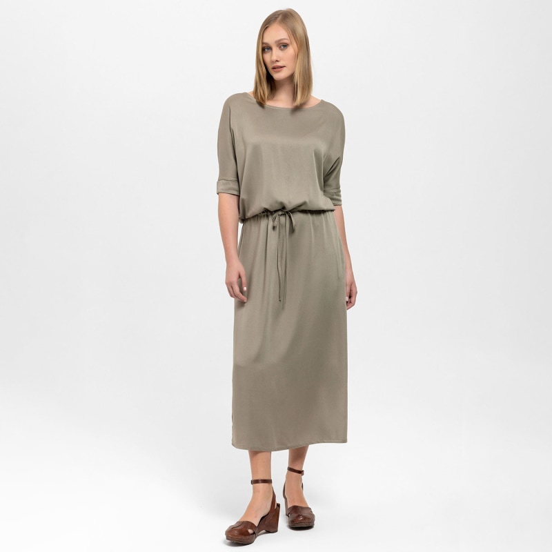 Thumbnail of Gathered Detailing Satin Dress In Khaki image