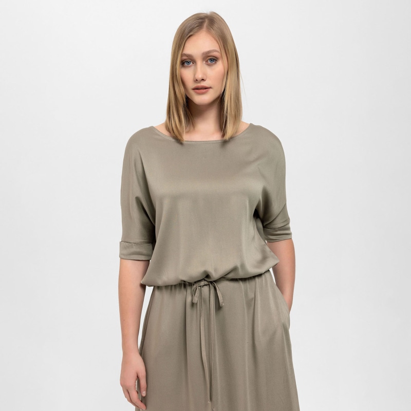 Thumbnail of Gathered Detailing Satin Dress In Khaki image